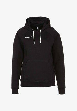 Sudadera negra con capucha, cordones blancos, bolsillo canguro y logo blanco de Nike en el pecho; fabricada con tela suave y texturizada.