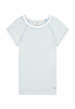 Witte T-shirt met korte mouwen, voorzien van dunne horizontale blauwe strepen en een klein "Lee" logo bij de onderzoom.