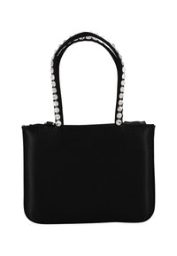 Borsa a mano in raso nero dalla forma rettangolare, con due manici corti ornati da strass trasparenti lungo i bordi.