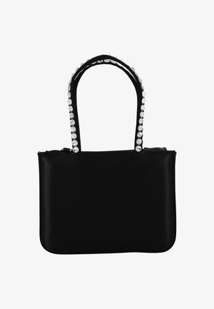 Black satin handbag with a rectangular shape, featuring two short handles adorned with clear rhinestones along the edges.