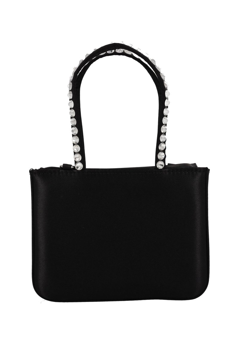 Borsa a mano in raso nero dalla forma rettangolare, con due manici corti ornati da strass trasparenti lungo i bordi.