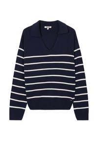 Marineblauwe gebreide trui met witte horizontale strepen, V-hals en een kraag. Geribbelde manchetten en onderrand met een logo-detail aan de onderkant.