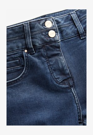 Donkerblauwe denim jeans met een klassiek vijf-pocket ontwerp, dubbele knoopsluiting en subtiele vervaging. Gestructureerde stof met stiksel details.