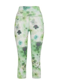 Leggings capri con motivo floreale in tonalità di verde, dotati di un alto punto vita e di un tessuto liscio ed elastico.