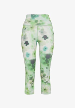Blumenmuster Capri-Leggings in Grüntönen, mit hohem Bund und einem glatten, dehnbaren Stoff.