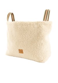 Crèmekleurige draagtas van zachte, gestructureerde stof, met een leren logopatch en gestreepte stoffen hengsels in twee tinten.