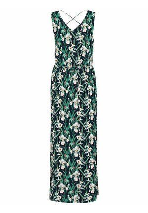 Długa sukienka bez rękawów z ciemnym tłem, białym kwiatowym wzorem, dekoltem w kształcie litery V i cienkimi, krzyżującymi się ramiączkami na plecach.