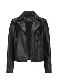 Schwarze Leder-Motorradjacke mit durchgehendem Reißverschluss, eingeschnittenem Revers, Seitentaschen und taillierter Silhouette. Glatte Textur und minimale Hardware.