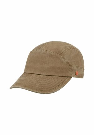Brown cotton cap with curved brim and visible stitching, featuring a small round orange logo on the side.