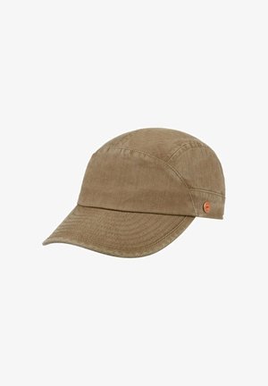 Brown cotton cap with curved brim and visible stitching, featuring a small round orange logo on the side.