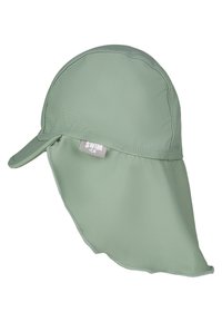 Hellgrüne Schwimmhaube mit verlängertem Rücken zum Sonnenschutz, aus glattem Stoff. Verfügt über einen gebogenen Schirm und ein eingenähtes Etikett.
