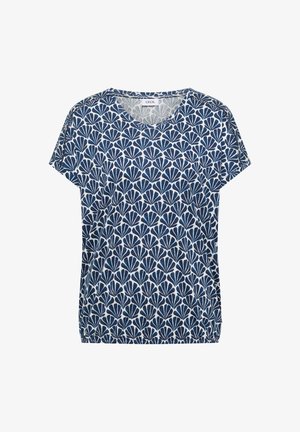 Blouse à manches courtes bleue et blanche avec un motif géométrique en forme d'éventail et un col rond.