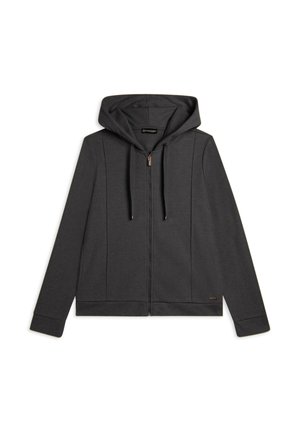 Felpa zip grigia con cappuccio regolabile, maniche lunghe e dettagli sui pannelli laterali. Presenta una cerniera metallica e un piccolo logo decorativo.