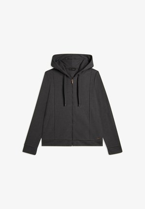 Felpa zip grigia con cappuccio regolabile, maniche lunghe e dettagli sui pannelli laterali. Presenta una cerniera metallica e un piccolo logo decorativo.