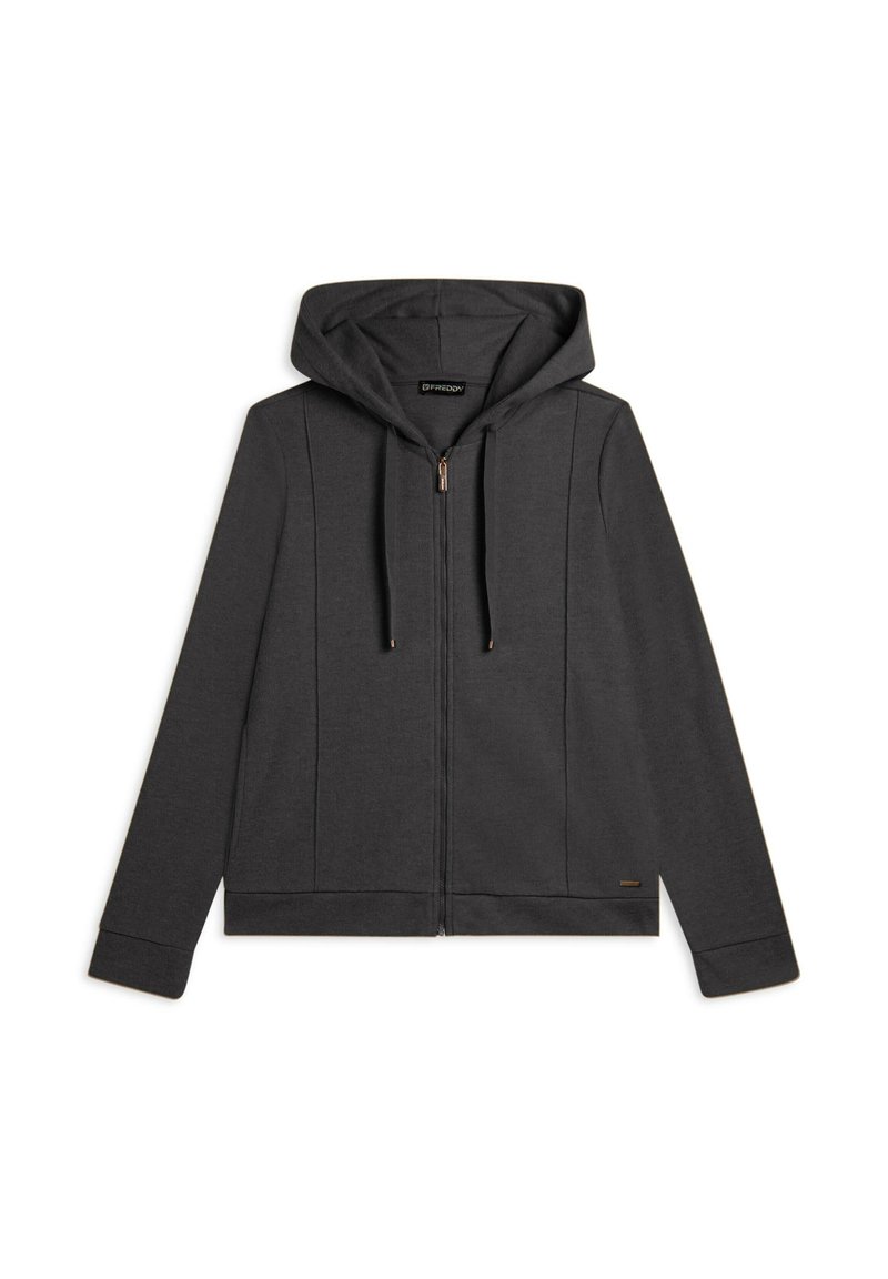 Felpa zip grigia con cappuccio regolabile, maniche lunghe e dettagli sui pannelli laterali. Presenta una cerniera metallica e un piccolo logo decorativo.
