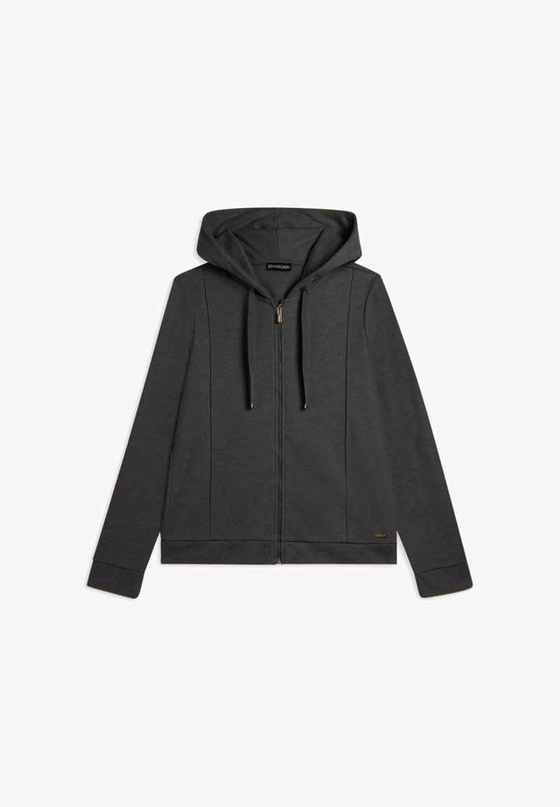 Felpa zip grigia con cappuccio regolabile, maniche lunghe e dettagli sui pannelli laterali. Presenta una cerniera metallica e un piccolo logo decorativo.