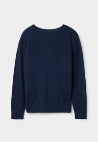 Pull bleu marine avec un col rond, des manches longues, des poignets et un ourlet côtelés. Fabriqué en tissu doux et texturé. Design simple et classique.