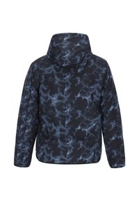 Jas met een capuchon, donkerblauwe stof met een gemarmerd patroon in lichtere tinten, relaxte pasvorm en zichtbare stikseldetails.