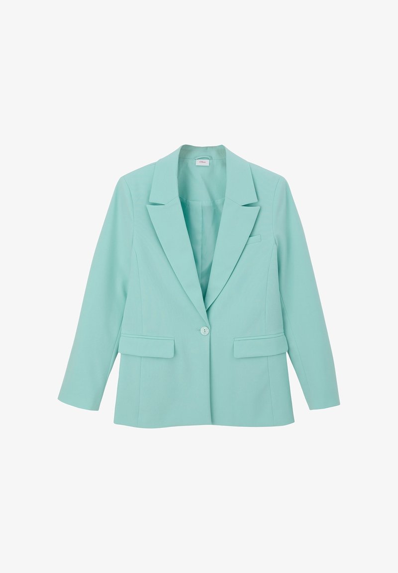 Blazer bleu clair avec une fermeture à un bouton, des revers en notch et deux poches avant. Design structuré avec des manches longues et une texture lisse.