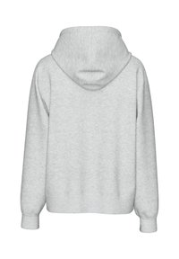 Gaiši pelēks kapuces džemperis, redzams no aizmugures, ar garām piedurknēm un ribotām aprocēm, bez redzamiem logotipiem vai dizainiem.