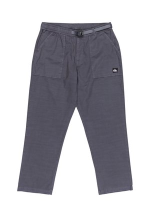 Dark gray casual pants with an adjustable belt, two large front pockets, and a small logo patch on the right pocket.