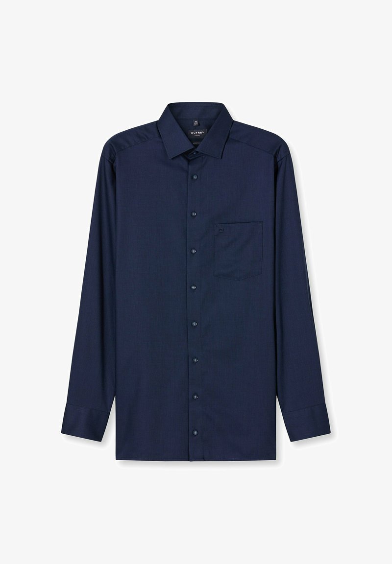 Herren Langarmhemd in Marineblau mit spitzem Kragen und Brusttasche, flach auf weißem Hintergrund ausgelegt.