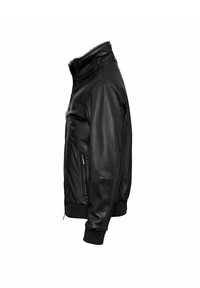 Zwarte leren bomberjack met een hoge kraag, geribbelde manchetten en zoom. Heeft zijritszakken en een gladde, glanzende textuur.