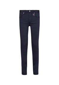 Jean slim bleu foncé avec passants de ceinture, bouton avant, braguette zippée et poches à l'avant et à l'arrière sur fond blanc.