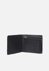 Black leather wallet with multiple card slots, zippered compartment, and smooth texture. Features subtle branding on the interior.