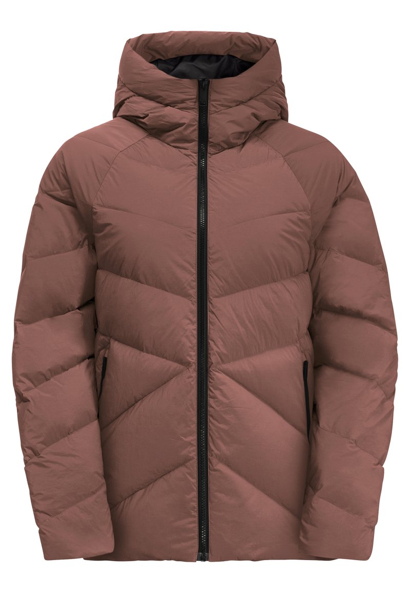 Braune gepolsterte Winterjacke mit Kapuze, schwarzem Reißverschluss und Seitentaschen, entworfen für Isolation und den Einsatz im Freien.