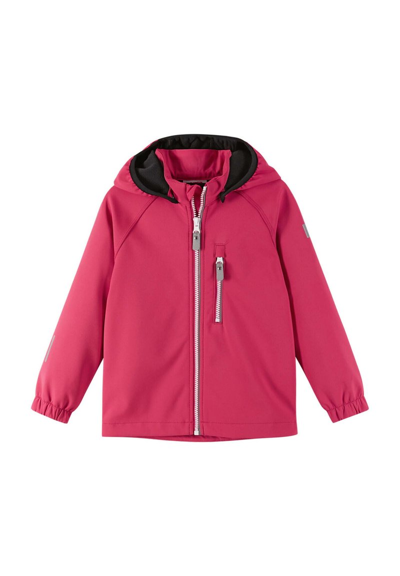 Veste à capuche rose avec une doublure noire, fermeture éclair à l'avant et poignets élastiques. Elle possède une poche zippée diagonale et des accents réfléchissants.