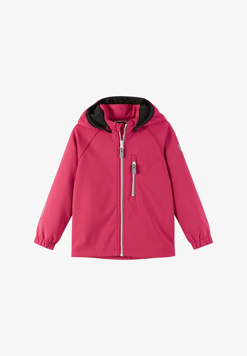 Pink hooded jacket with a black lining, front zipper, and elastic cuffs. Features a diagonal zippered pocket and reflective accents.