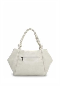 Kreemikas kunstnahast käekott palmikute käepidemega, nurkjas kujundus, tekstureeritud pind ja eesmine lukuga tasku.