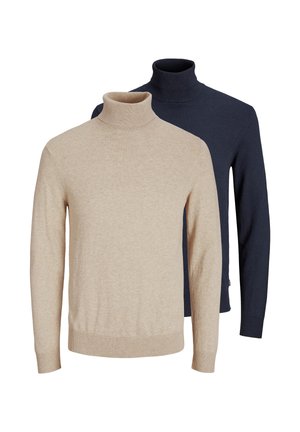 Beige og marineblå langærmede turtleneck-trøjer med ribstrikkede manchetter og kant, vist på en hvid baggrund.