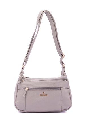 Borsa a tracolla in pelle grigia con un unico manico regolabile, tasche con zip, superficie testurizzata e dettagli in metallo dorato.