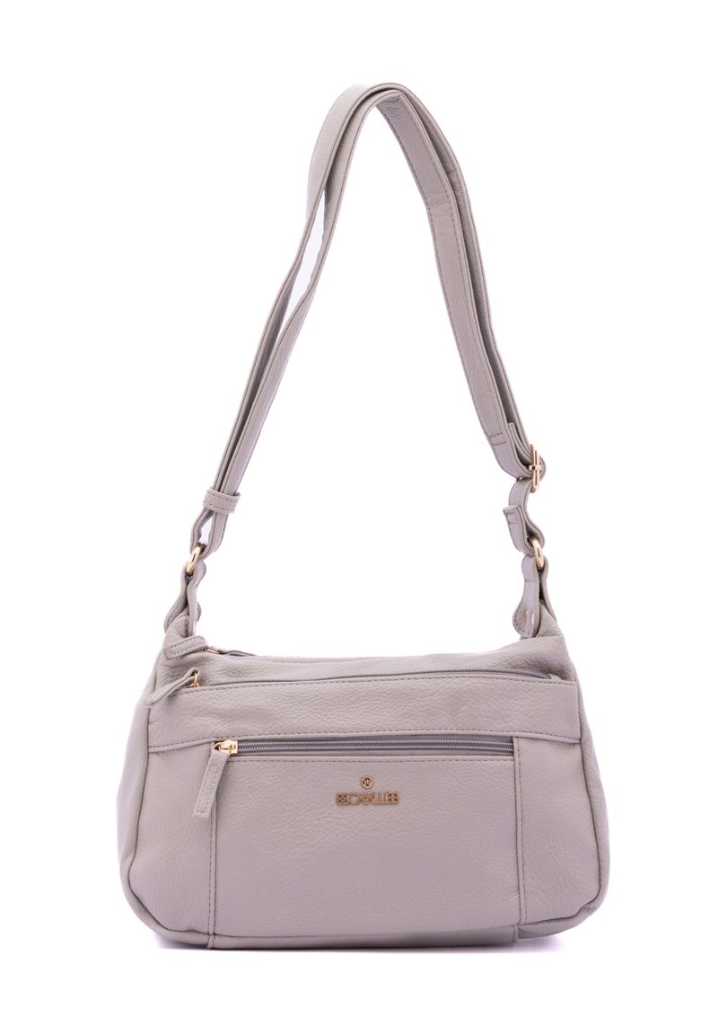 Borsa a tracolla in pelle grigia con un unico manico regolabile, tasche con zip, superficie testurizzata e dettagli in metallo dorato.