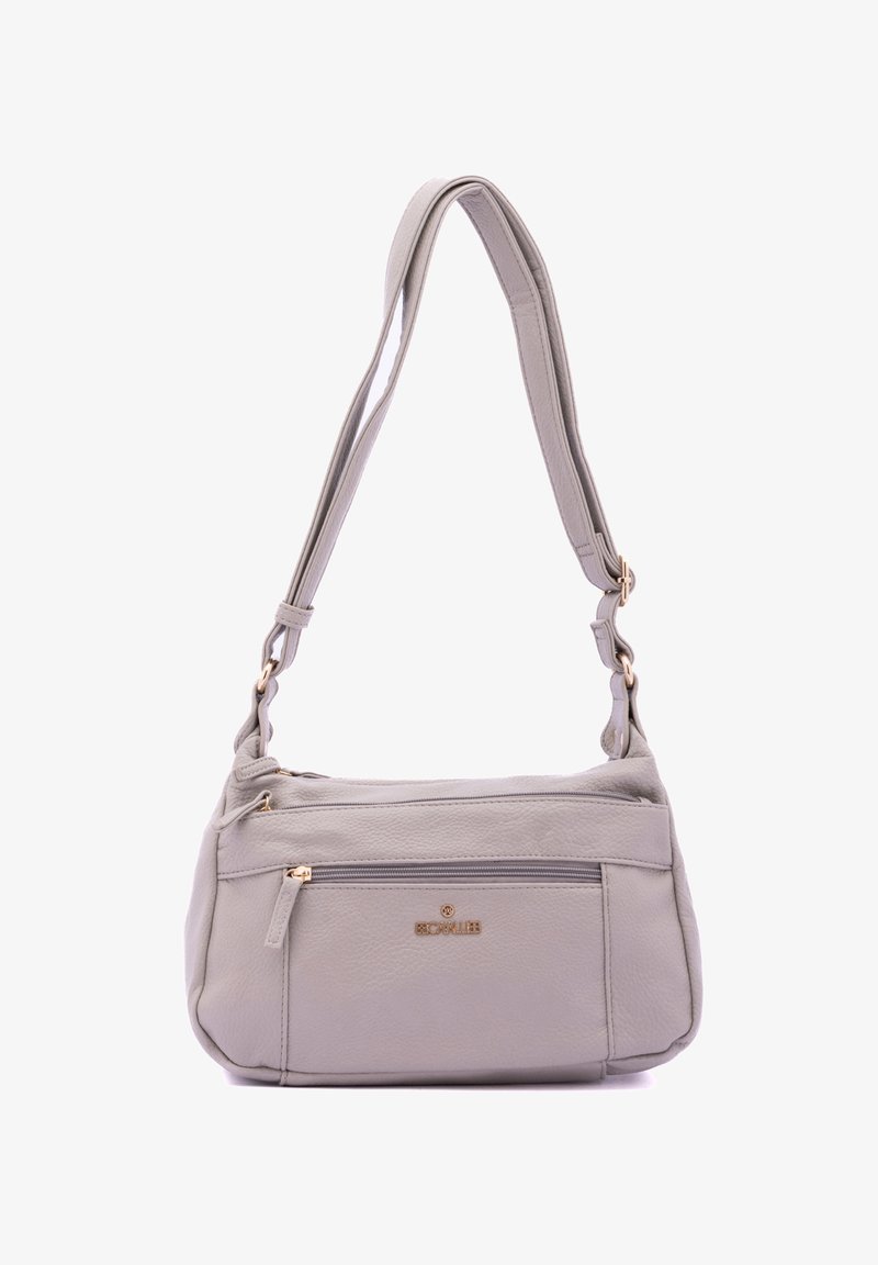 Borsa a tracolla in pelle grigia con un unico manico regolabile, tasche con zip, superficie testurizzata e dettagli in metallo dorato.