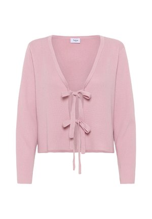 Pink ribbed cardigan with long sleeves, deep V-neck, and front tie closure. Soft texture and cropped design. Label visible inside neckline.