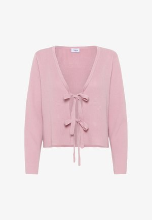 Roosa ribakardigan pikkade varrukatega, sügava V-kaelusega ja esise nööbiga kinnitusega. Pehme tekstuur ja lühikeses disainis. Silt nähtav kaeluse sees.