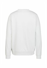 Weißes Sweatshirt mit Rundhalsausschnitt, langen Ärmeln und gerippten Bündchen und Saum. Glatte Textur, schlichtes Design, keine sichtbaren Logos oder Muster.