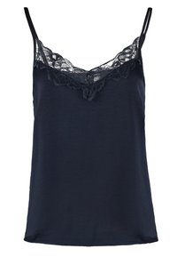 Marinblå cami-top i ett mjukt tyg, prydd med en fin spetskant längs halsringningen och justerbara spagetti-remmar.