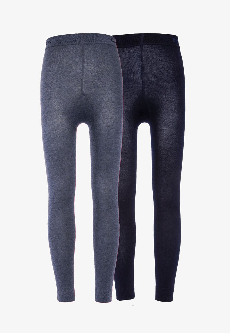 Twee paar thermoleggings in donkergrijs en zwart, met een gladde textuur, een elastische tailleband en taps toelopende broekspijpen.