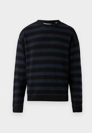 Black and navy striped knit sweater featuring a crew neckline, ribbed cuffs, and textured fabric with a relaxed fit.