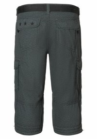 Cargo shorts in dark gray with a textured pattern, featuring multiple pockets and a waistband for adjustable fit. Back view displayed.