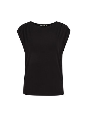 Mustast varrukateta pluus ümarate kaelustega ja õlgadel peenelt kogutud detailidega, valgel taustal.