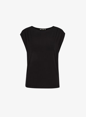 Musta hihaton pusero, jossa pyöreä pääntie ja hillityt laskokset olkapäillä, valkoisella taustalla.