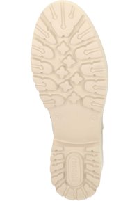 Suela de un zapato, con una superficie de goma texturizada con surcos y patrones. Color beige claro; incluye el logo de la marca "remonte". Talla 37.