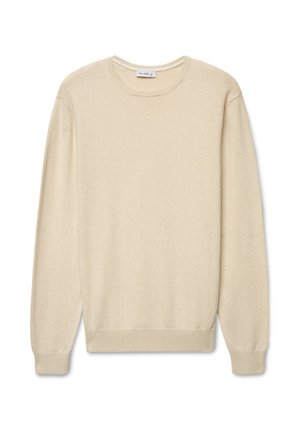 Pull beige à col rond avec manches longues, en matière douce, présentant des poignets et un ourlet côtelés, une texture lisse et un design minimaliste.