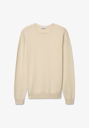 Beiger Pullover mit Rundhalsausschnitt und langen Ärmeln, aus weichem Material gefertigt, mit gerippten Bündchen und Saum, glatter Textur und minimalistischem Design.