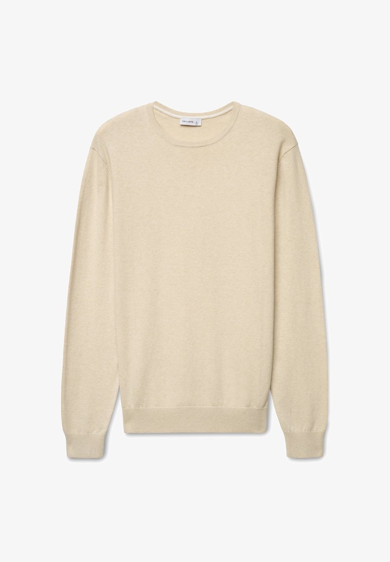 Beiger Pullover mit Rundhalsausschnitt und langen Ärmeln, aus weichem Material gefertigt, mit gerippten Bündchen und Saum, glatter Textur und minimalistischem Design.